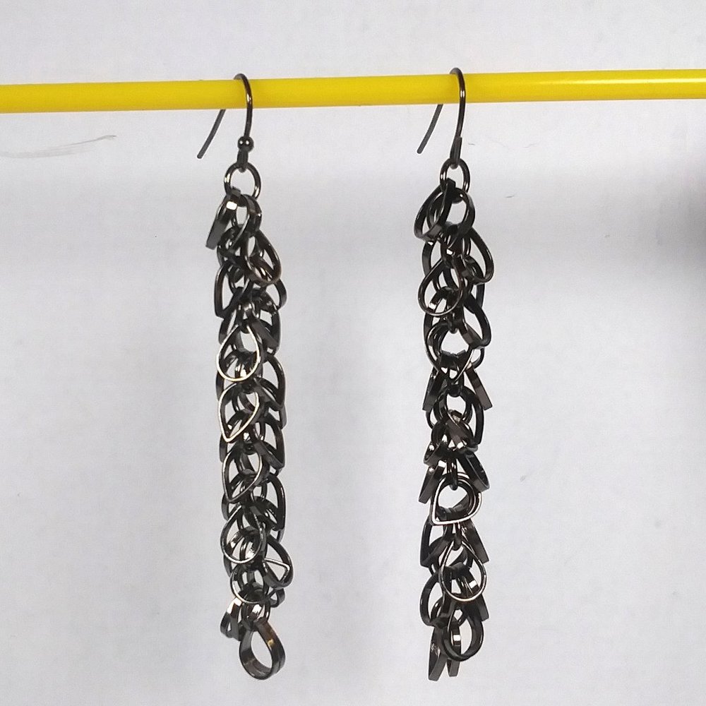 Dangle Chain Drop Pierced Earrings Gun Metal Gray Loops